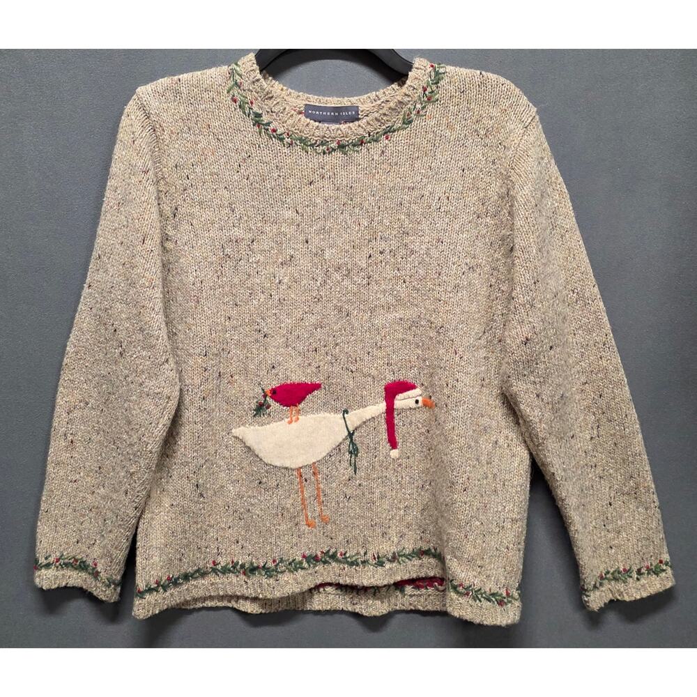 Northern Isles Wool Sweater M Speckled Beige Knit Cardinal Goose Cottagecore